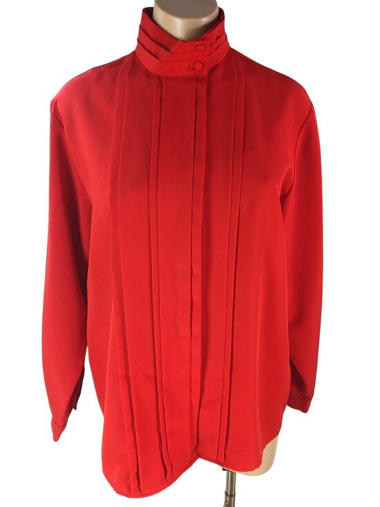 Hill Archer Tops - Vintage 80s Hill Archer Red High Neck Pleated Blouse Size 12 Long Sleeve Pleated